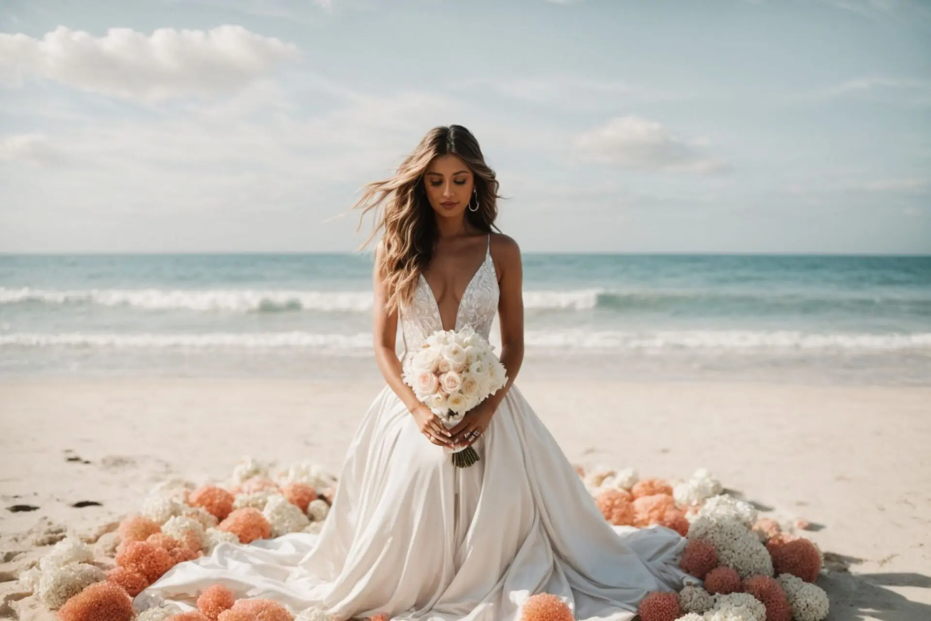 Braut in einem leichten, fließenden Boho-Brautkleid barfuß am Strand, mit wehender Schleppe im Wind.